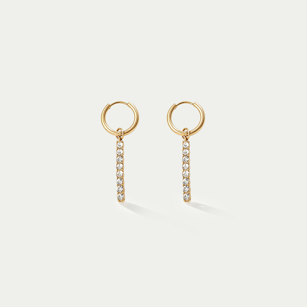 The Lumina Linear Crystal Huggies | 18K Gold Plated Dainty Pavé Bar Drop Earrings
