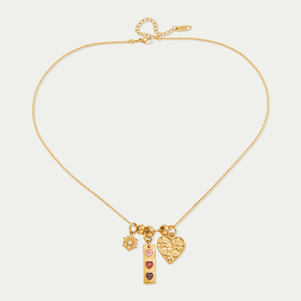 Aura Daisy & Heart Charm Necklace Set - 18K Gold PVD Waterproof