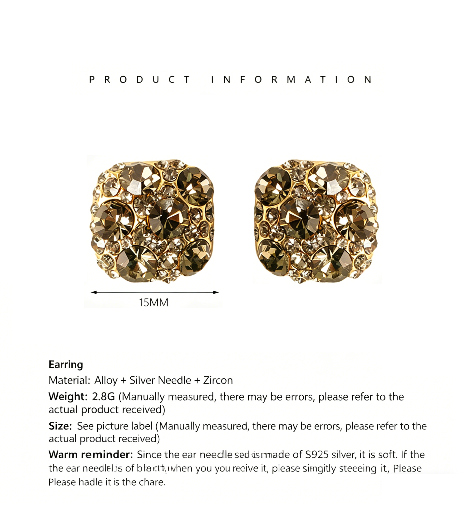 The Amber Radiant Square Studs | S925 Sterling Silver Smoky Zircon Piece