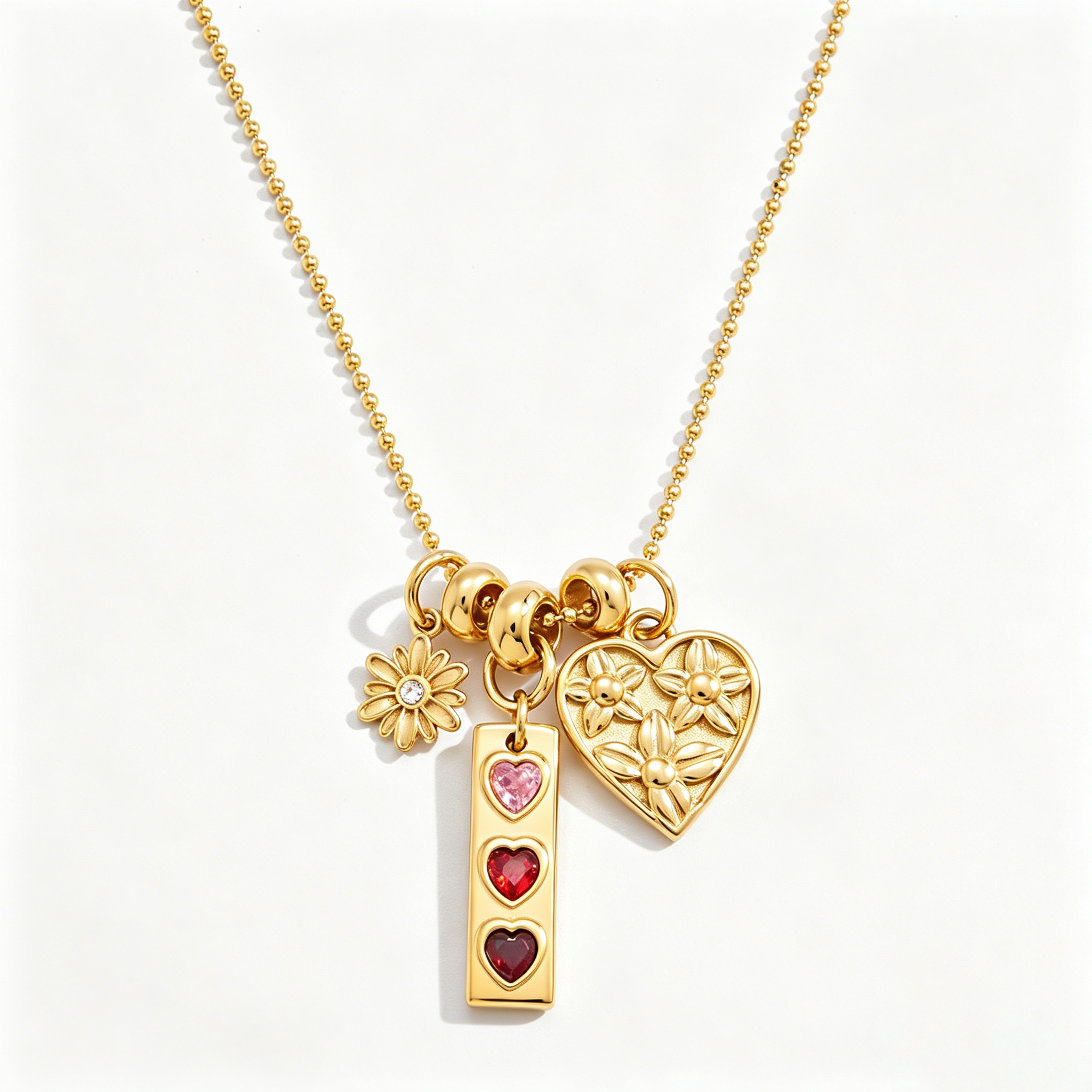 Aura Daisy & Heart Charm Necklace Set - 18K Gold PVD Waterproof