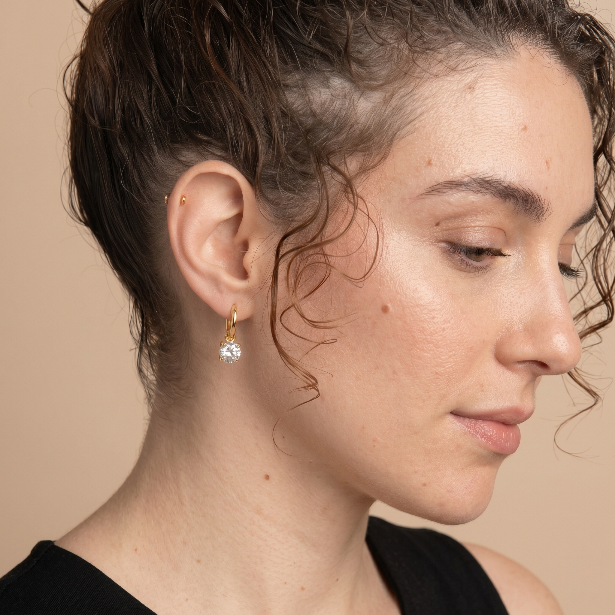 The Lumina Solitaire Huggies | 18K Gold Plated Floating Round Crystal Drop Earrings