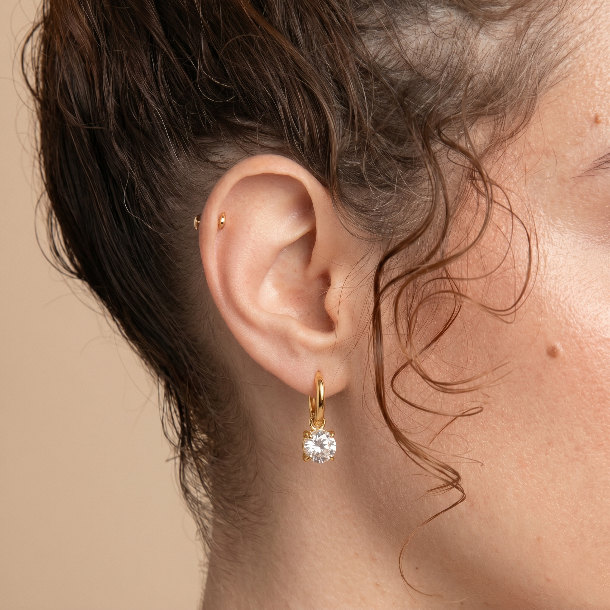 The Lumina Solitaire Huggies | 18K Gold Plated Floating Round Crystal Drop Earrings