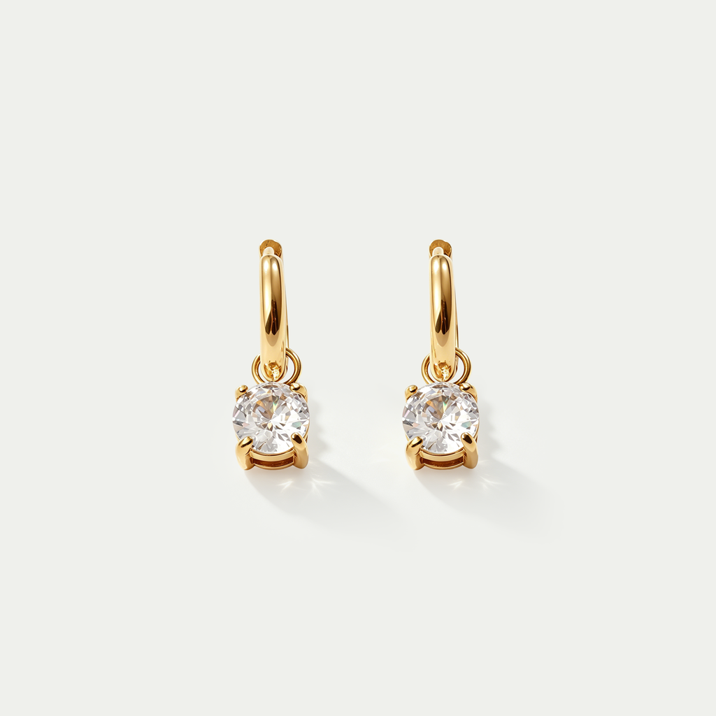 The Lumina Solitaire Huggies | 18K Gold Plated Floating Round Crystal Drop Earrings