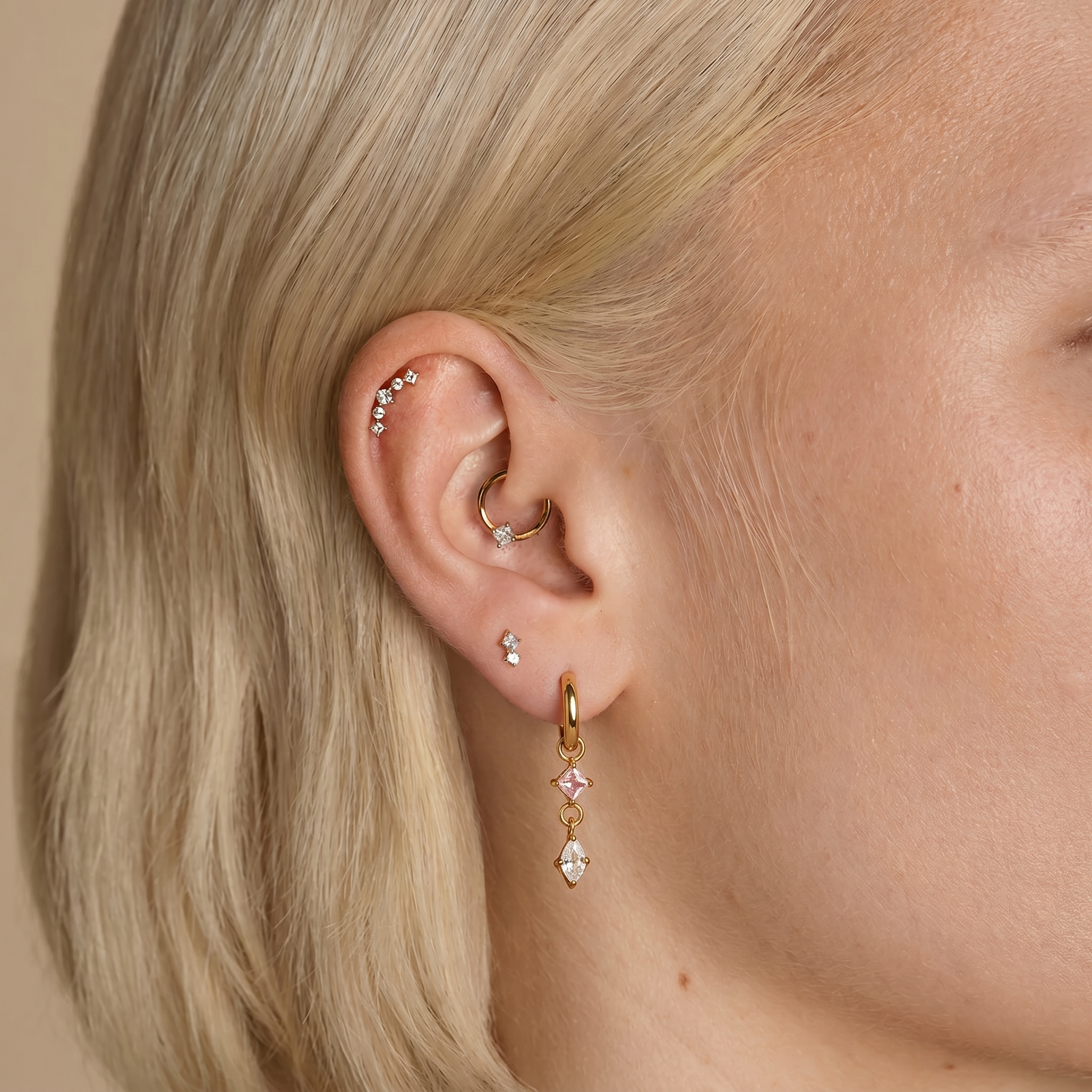 The Lumina Duet Huggies | 18K Gold Plated Pink & Clear Mixed Geometric Drop Earrings