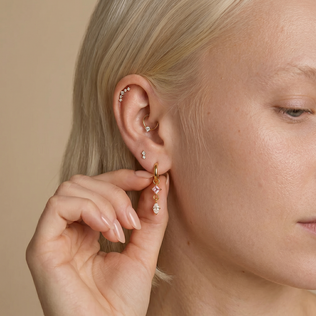 The Lumina Duet Huggies | 18K Gold Plated Pink & Clear Mixed Geometric Drop Earrings