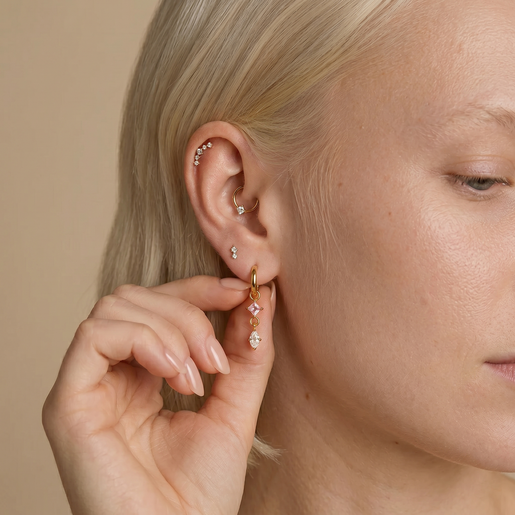 The Lumina Duet Huggies | 18K Gold Plated Pink & Clear Mixed Geometric Drop Earrings