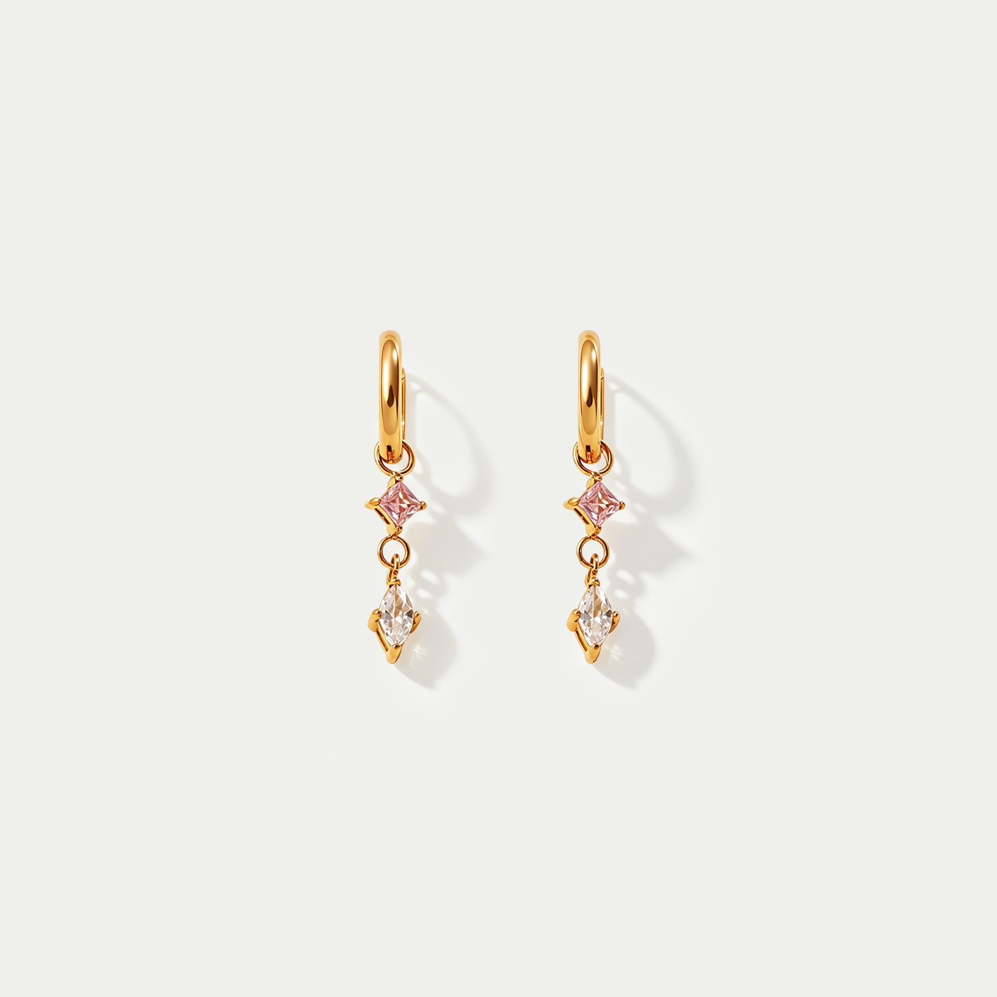 The Lumina Duet Huggies | 18K Gold Plated Pink & Clear Mixed Geometric Drop Earrings