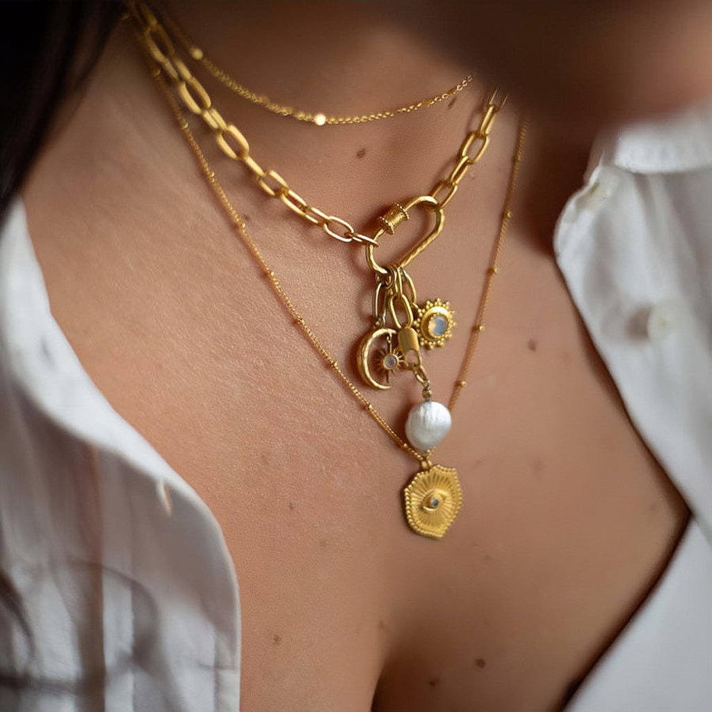 Astra Sunburst Carabiner Paperclip Chain Necklace | 18K Gold Plated Waterproof DIY Charm Holder Choker