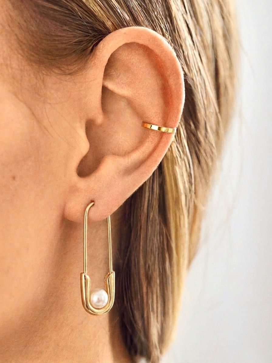 The Rebel Pearl Safety Pin Hoops | 18K Gold Plated Freshwater Pearl Earring