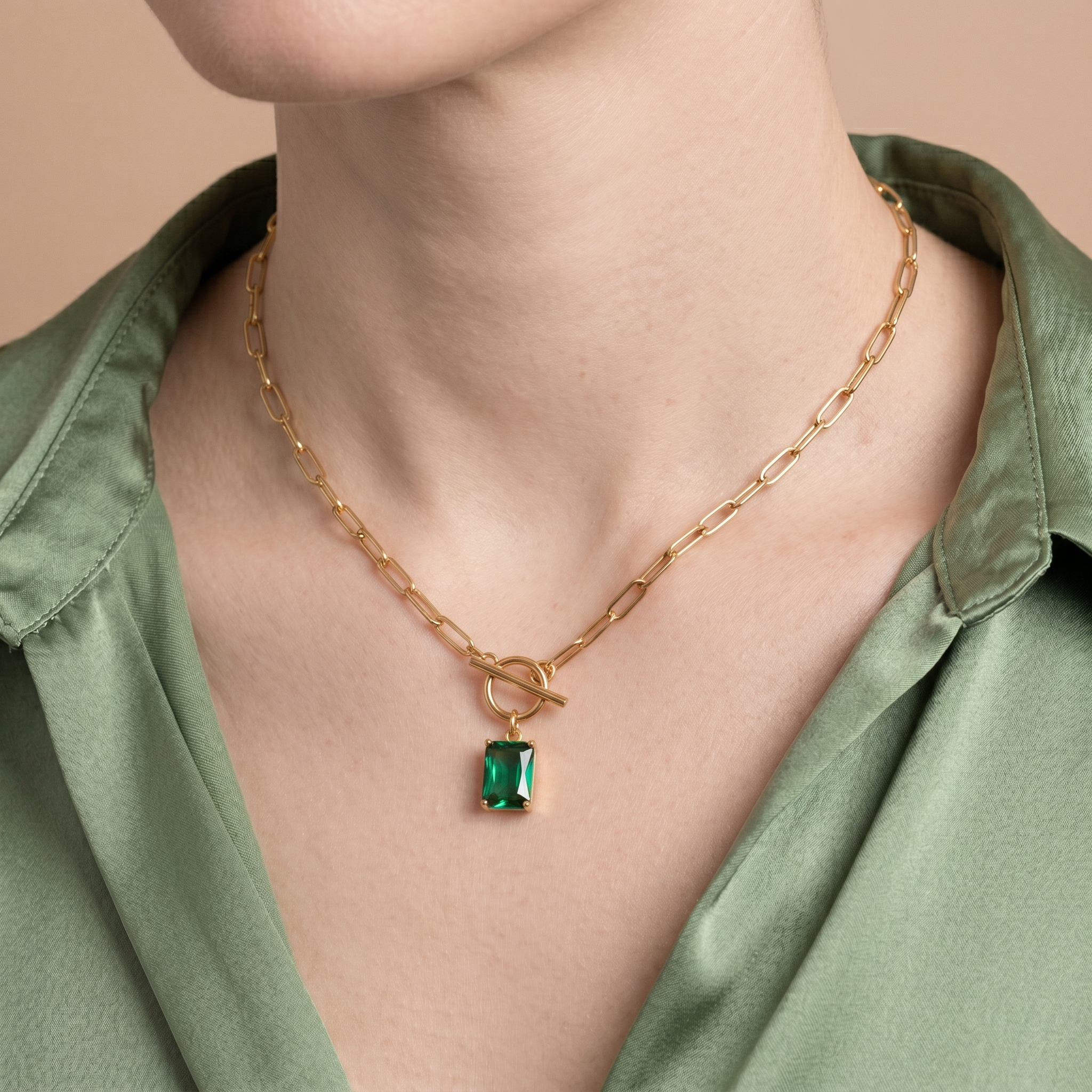 The Luna Birthstone Toggle Necklace | 18K Gold & Emerald-Cut Zircon