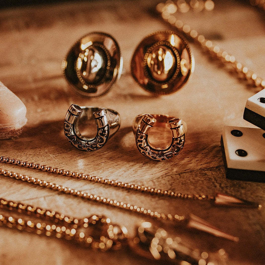 The Midnight Outlaw Ring Set | Vintage Gothic 18K Gold Plated Cowboy Hat & Horseshoe Statement Rings