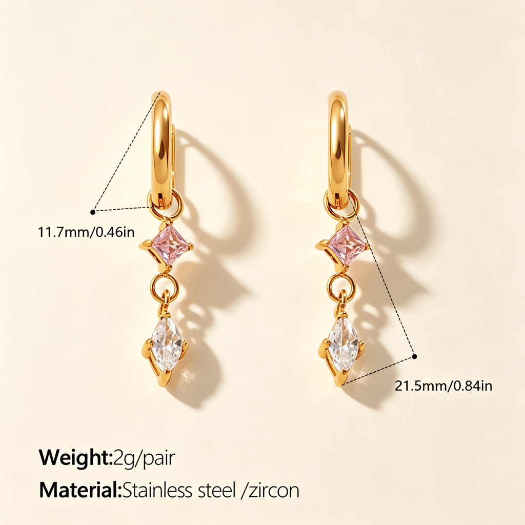 The Lumina Duet Huggies | 18K Gold Plated Pink & Clear Mixed Geometric Drop Earrings