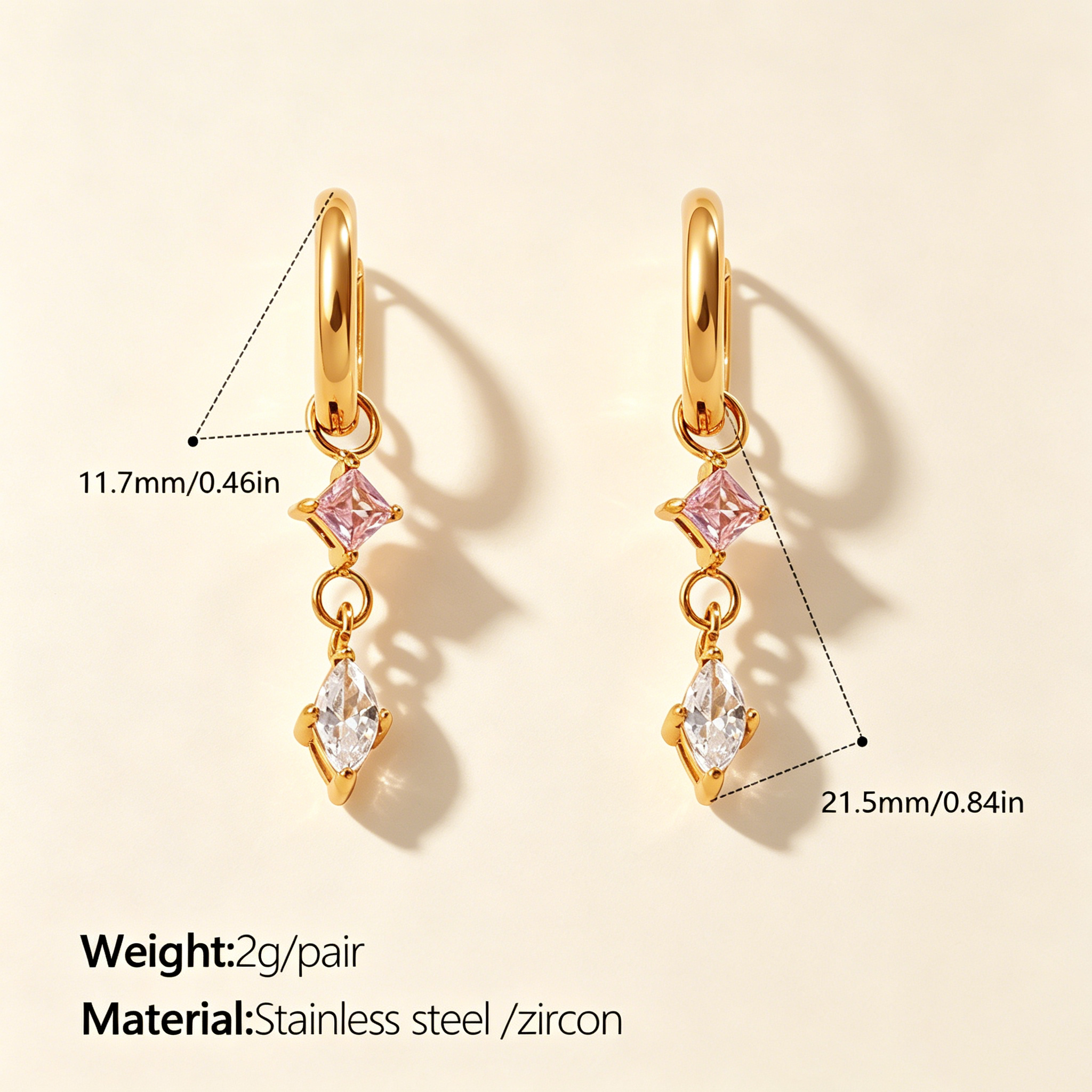 The Lumina Duet Huggies | 18K Gold Plated Pink & Clear Mixed Geometric Drop Earrings