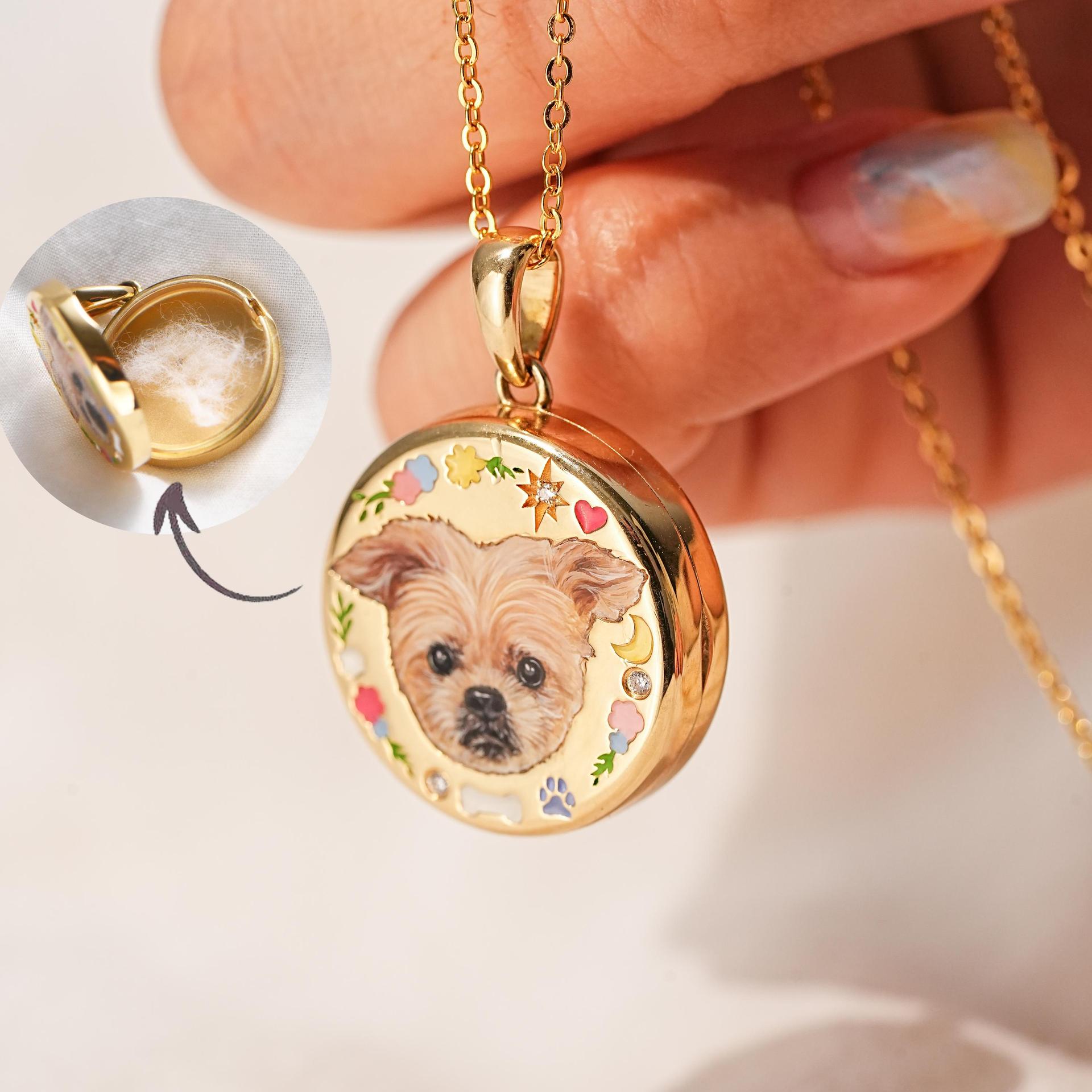 Custom Pet Portrait Locket Necklace | Personalized Moon & Stars Memorial Keepsake Jewelry for Pet Fur or Photo