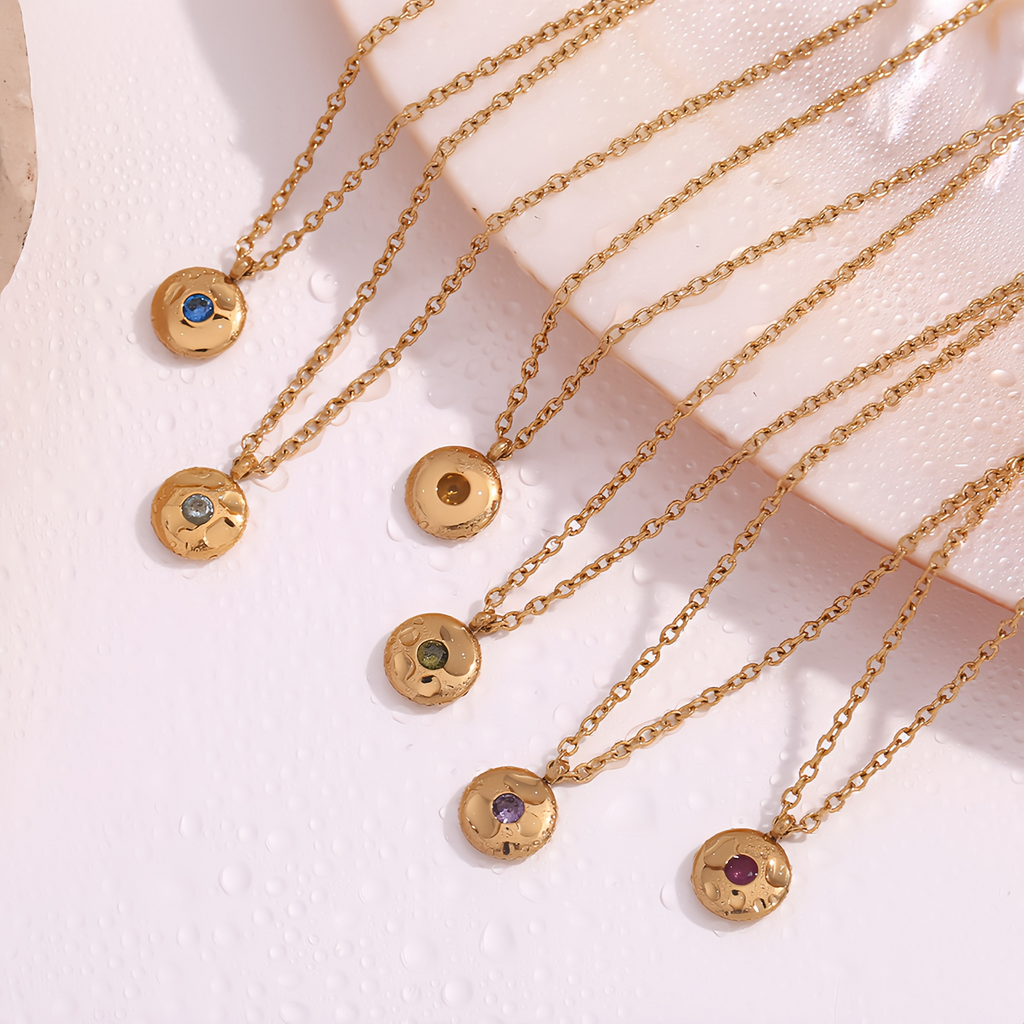 The Hammered Birthstone Disc | 18K Gold Plated Identity Necklace