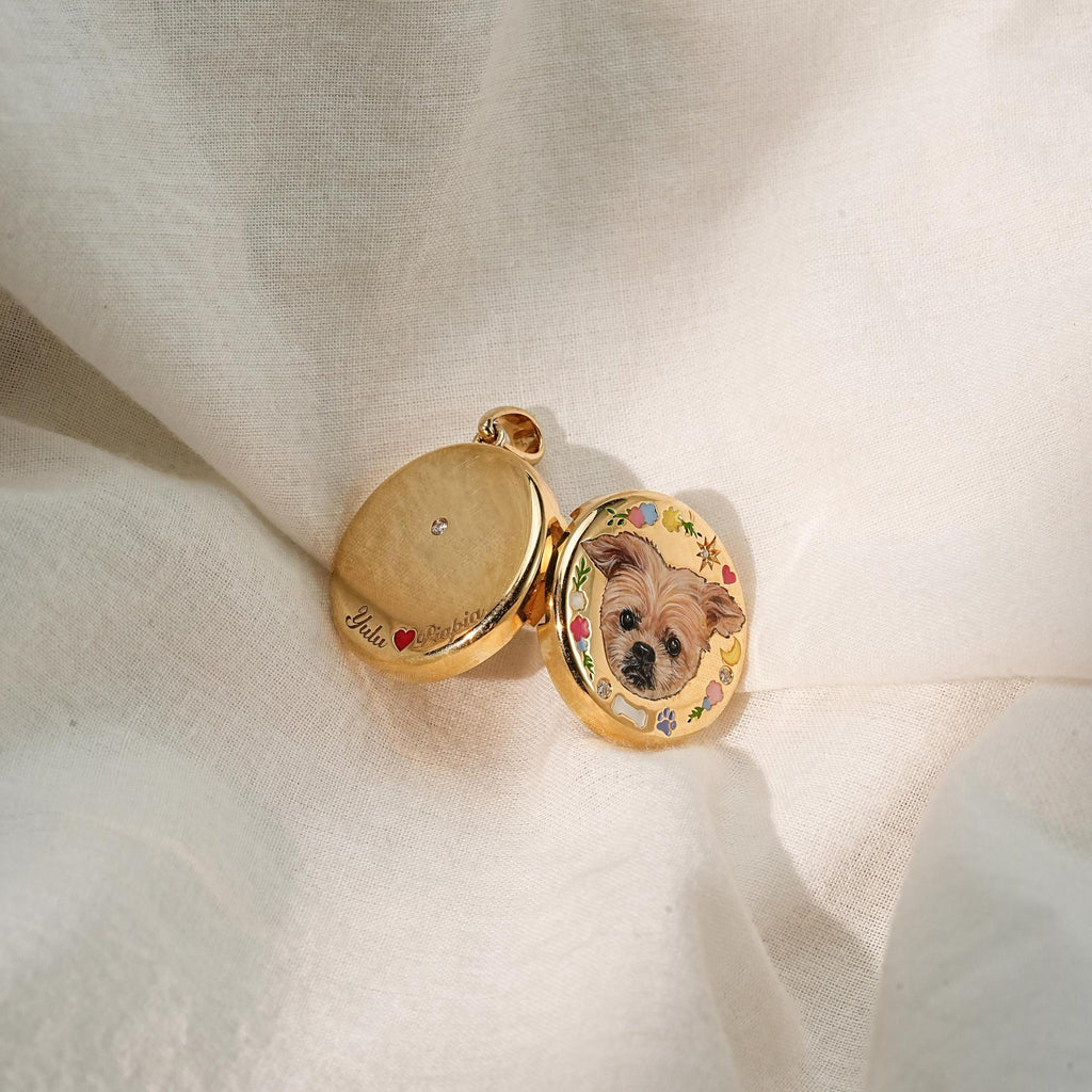Custom Pet Portrait Locket Necklace | Personalized Moon & Stars Memorial Keepsake Jewelry for Pet Fur or Photo