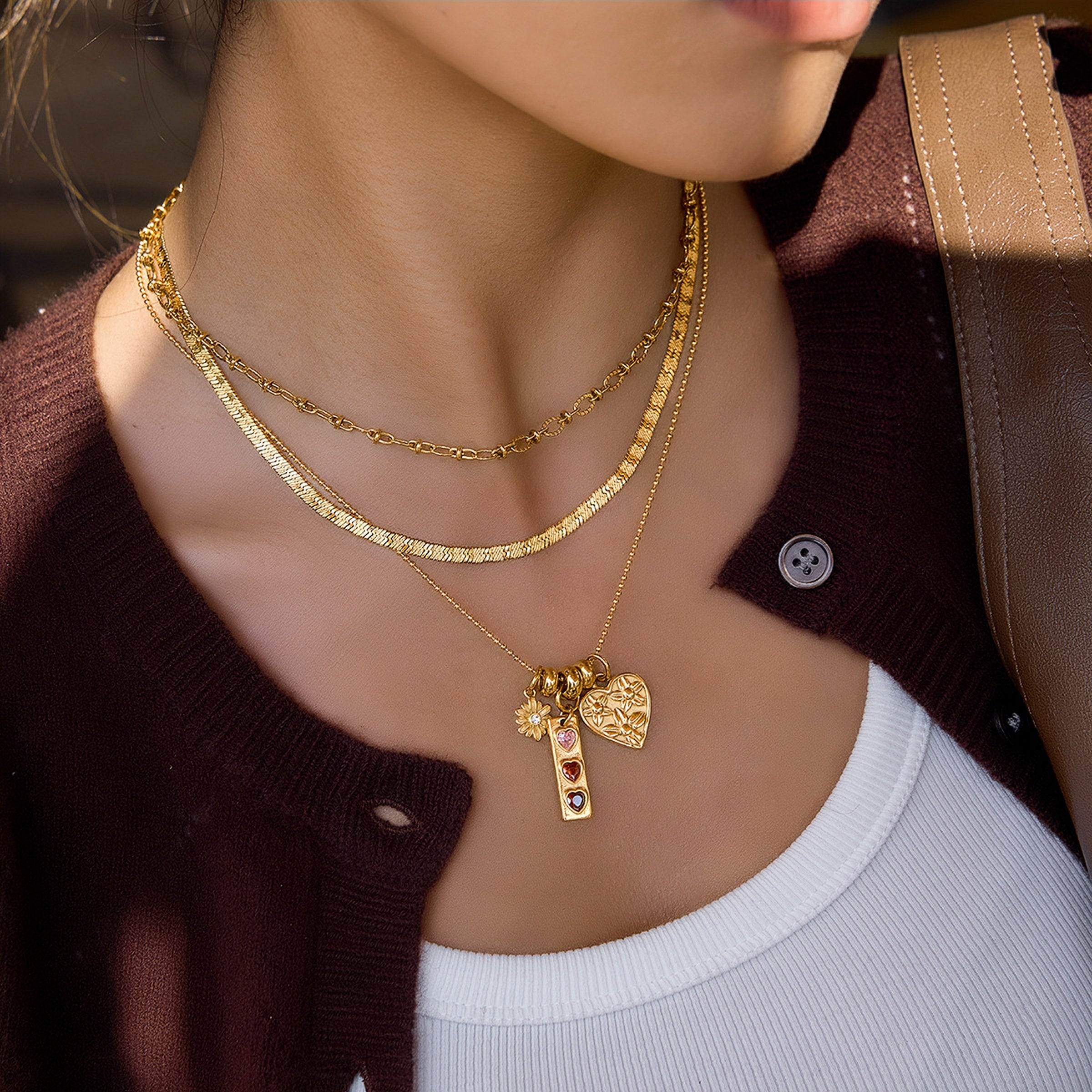 Aura Daisy & Heart Charm Necklace Set - 18K Gold PVD Waterproof