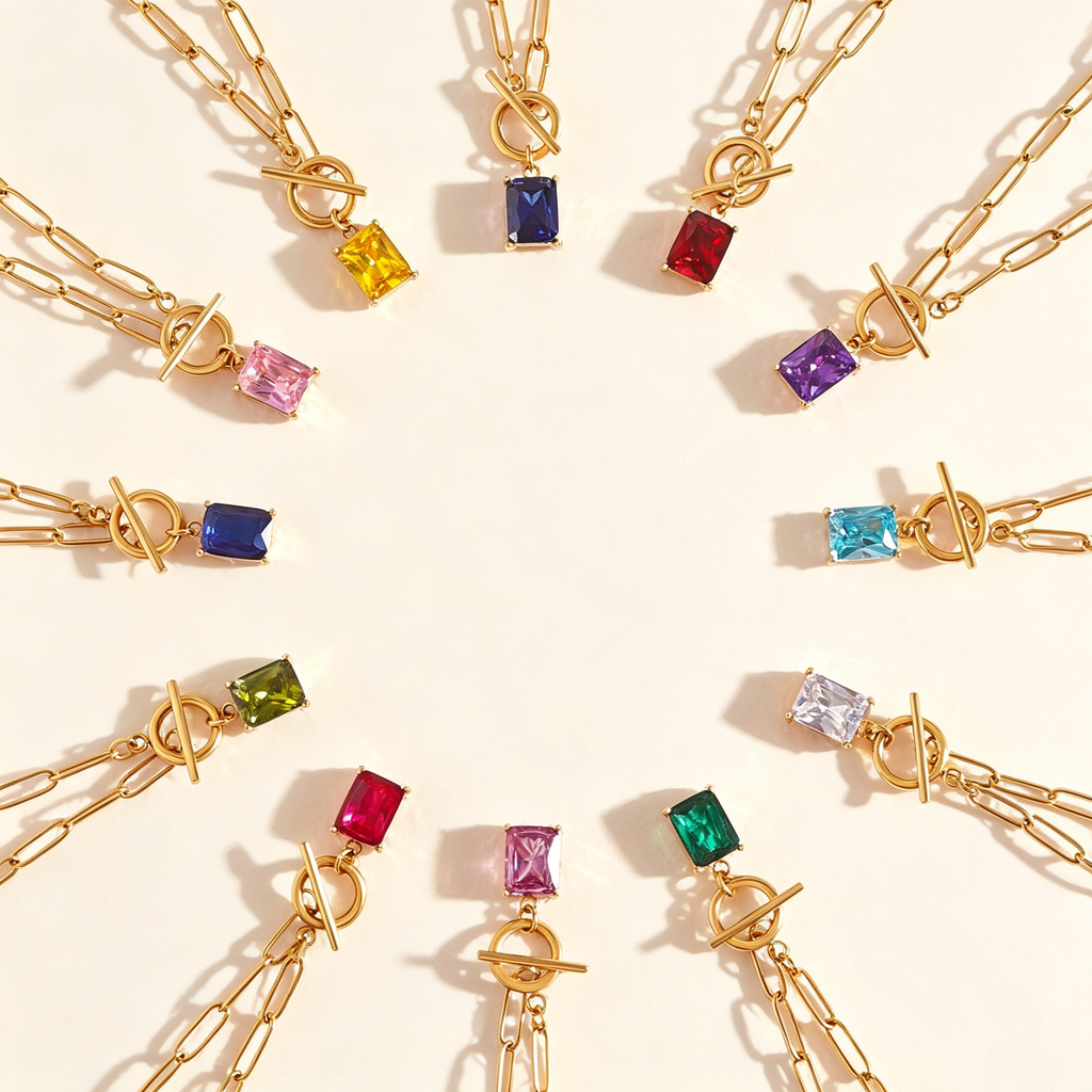 The Luna Birthstone Toggle Necklace | 18K Gold & Emerald-Cut Zircon